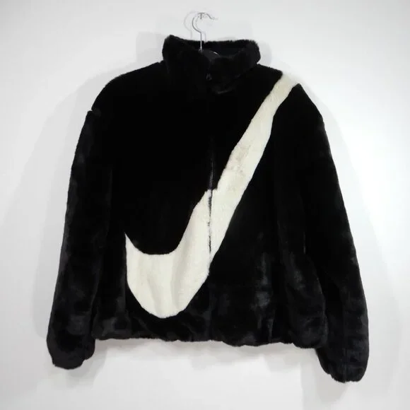 NIKE Faux Fur Plush Swoosh Teddy JACKET Size L Oversized Black Fossil Logo NEW - Picture 6 of 12